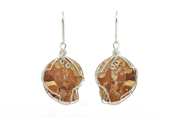 .925 Sterling Silver Wire Wrapped Fossilized Ammonite Earrings