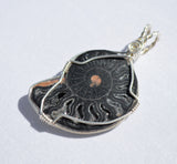 Ammonite Pendant, Sterling Silver Wire Wrapped Ammonites, Black Ammonite with Quartz Crystals