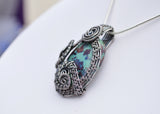 Large Chrysocolla Sterling Silver Wire Wrapped Pendant, Oxidized Sterling Silver, Antiqued Sterling Silver
