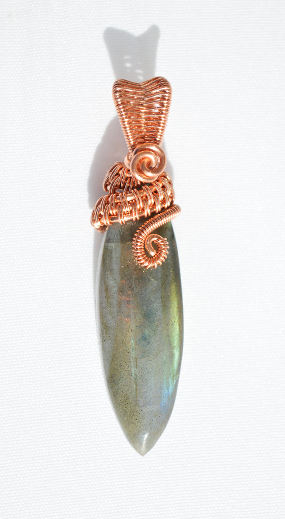 Long Labradorite Necklace Wire Wrapped in Copper, Copper Labradorite Necklace