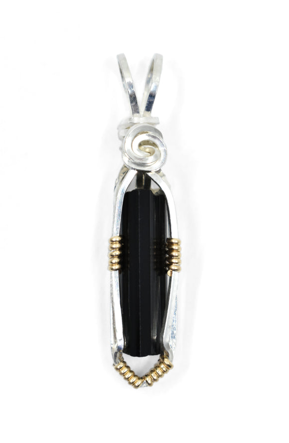 Sterling Silver Wire Wrapped Black Tourmaline Necklace with 14kt Gold Filled Accents 1 out of 2