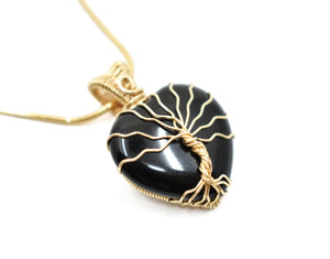 14kt Gold Filled Wire Wrapped Tree of Life Onyx Heart Pendant, Onyx Heart Necklace