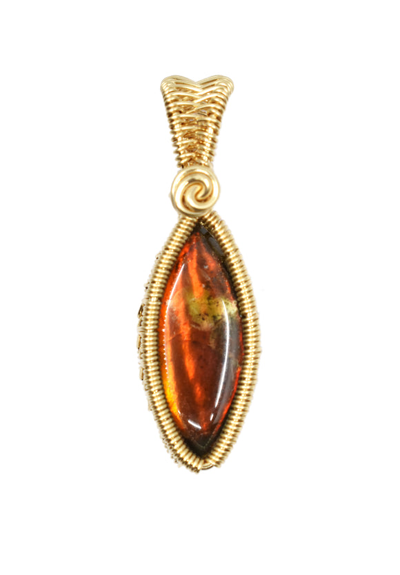 14KT Gold Filled Wire Wrapped Bezel Set Ammolite Necklace, Fossil Necklaces
