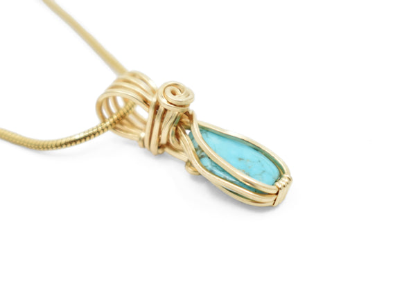 14KT Gold Filled Wire Wrapped Mini Turquoise Necklace, Morenci Turquoise Pendant