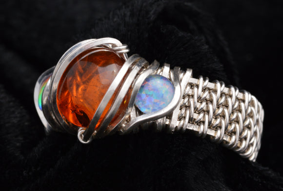 Sterling Silver Wire Wrapped Amber with Opals Ring, Multi-Stone Ring