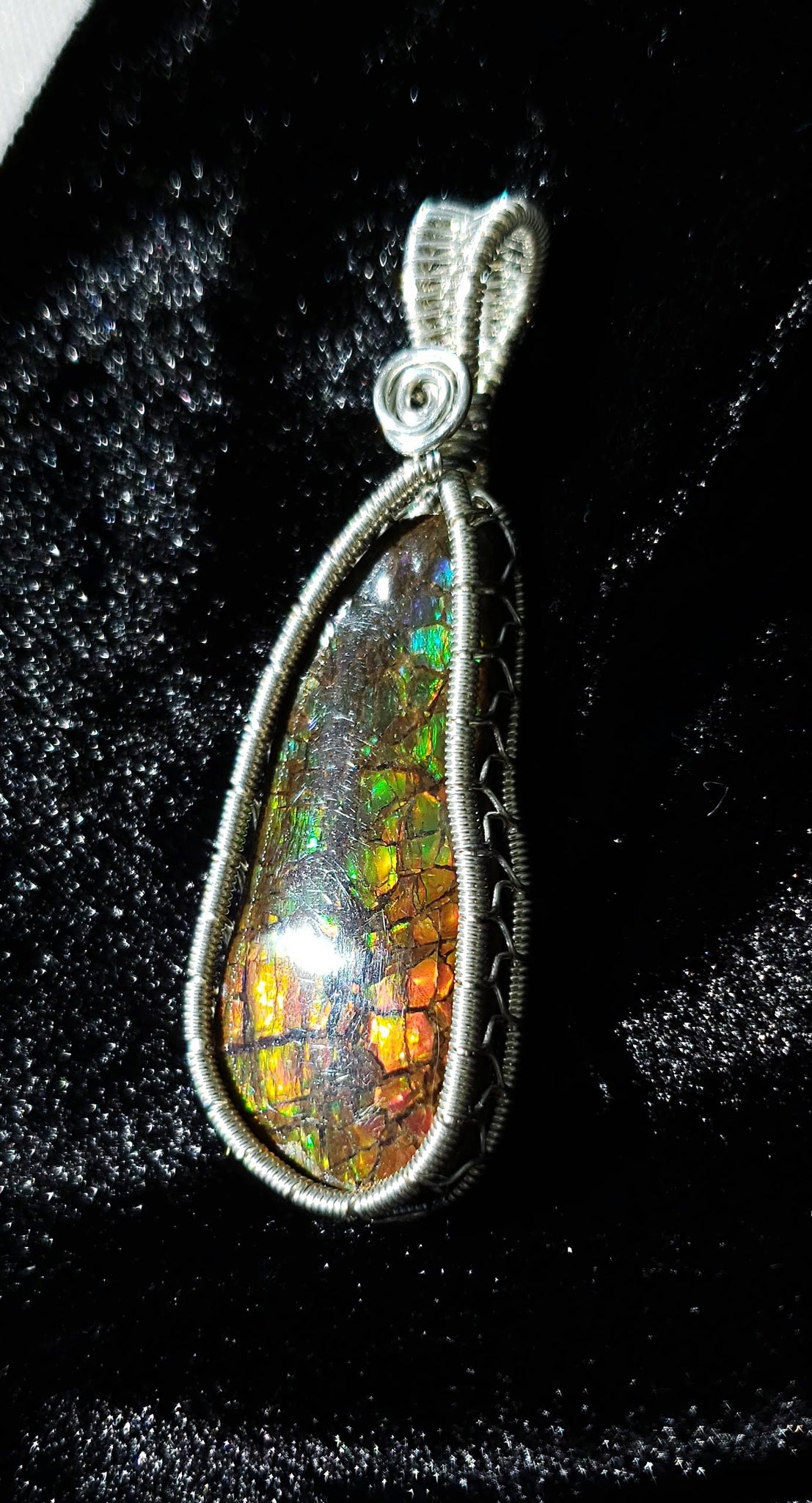 Custom Open Bezel Set Sterling Silver Wire Wrapped Stone Necklace Ammolite