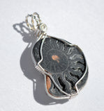 Ammonite Pendant, Sterling Silver Wire Wrapped Ammonites, Black Ammonite with Quartz Crystals