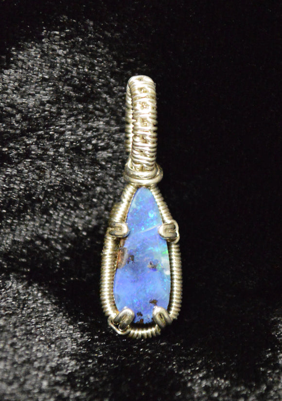 Sterling Silver Wire Wrapped Small Blue Australian Boulder Opal Necklace, Opal Jewelry