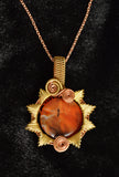 Wire Wrapped Copper and Brass Carnelian Necklace, Wire Wrapped Carnelian Sun Pendant With Copper Chain