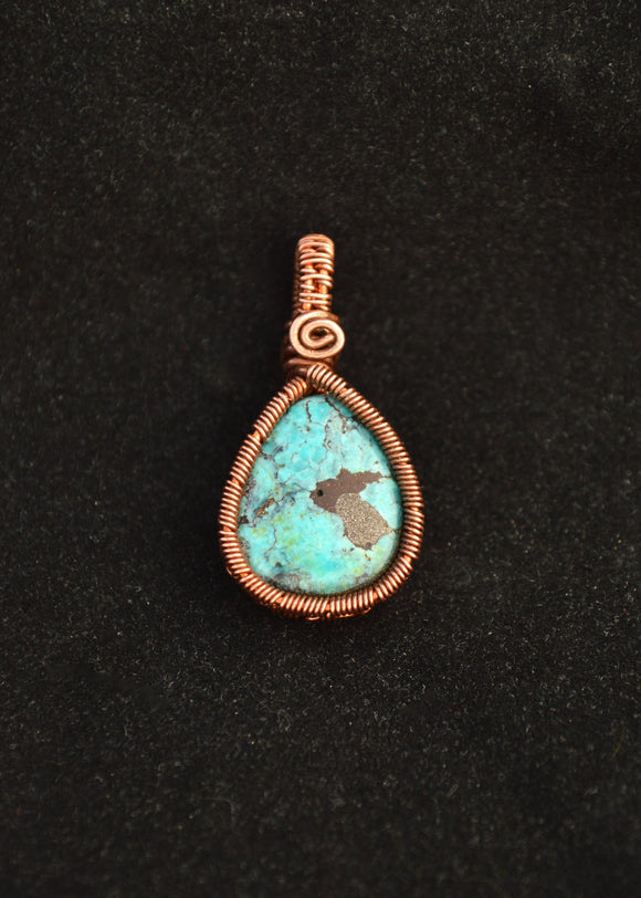 Small Turquoise Copper Wire Wrapped Pendant, Petite Copper Wire Woven Arizona Kingman Turquoise Pendant, Wire Wrapped Kingman Turquoise Pendant