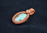 Small Copper Wire Woven Turquoise Pendant, Wire Wrapped Turquoise Necklace