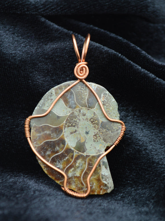 Natural Brown Ammonite Necklace, Copper Wire Wrapped Ammonite Pendant, Reversible Necklace
