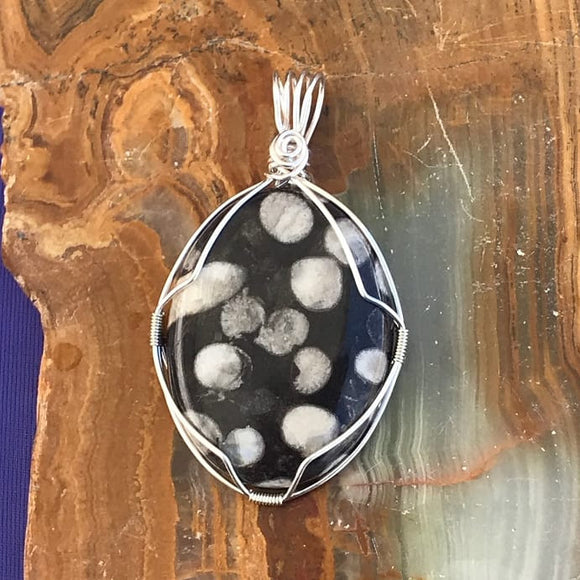 Simple wire wrapped pendant, Sterling silver wire wrapped pendant, Fossils