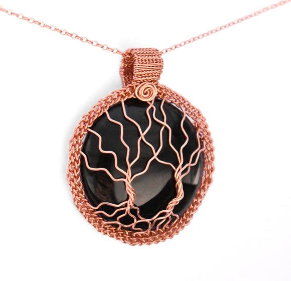 Copper Wire Wrapped Double Tree of Life Pendant on Black Onyx, Tree of Life Necklace