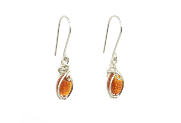 .925 Sterling Silver Wire Wrapped Amber Dangle Earrings
