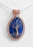 Sterling Silver & Copper Wire Wrapped Tree of Life on Blue Agate, .925 Sterling Silver Chain