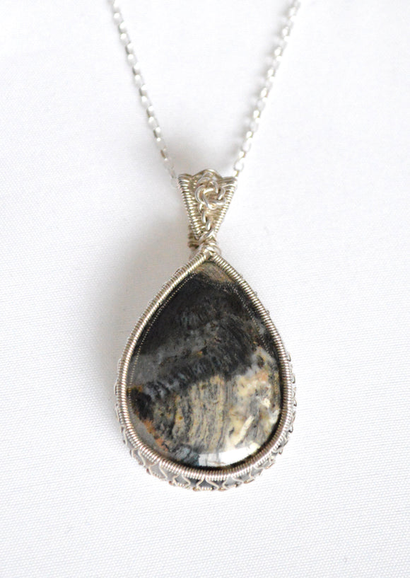 Sterling Silver Wire Woven Jasper Pendant, Wire Wrapped Necklace, Jasper Necklace Pictured With Sterling Silver Chain
