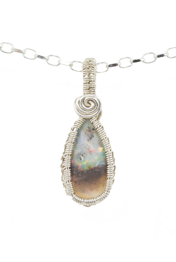 .925 Sterling Silver Wire Wrapped Mexican Opal Necklace, Opal Jewelry
