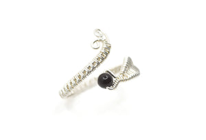 Adjustable Sterling Silver Wire Wrapped Ring with Onyx