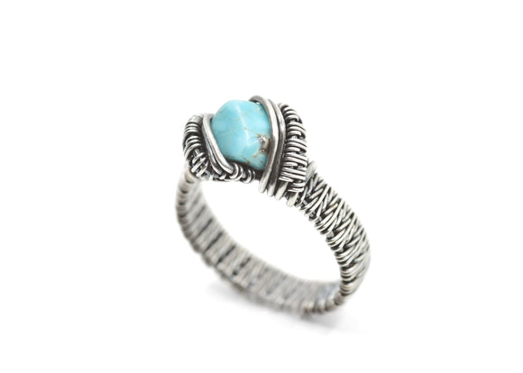 Sterling Silver Wire Wrapped Morenci Turquoise Ring 2/2, Size 7.5
