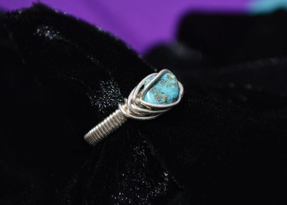 Sterling Silver Wire Wrapped Turquoise Ring, Morenci, Arizona Turquoise Ring