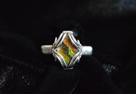 Wire Wrapped Ammolite Ring, Ammolite Fossil Ring, Sterling Silver Wire Wrapped Ring